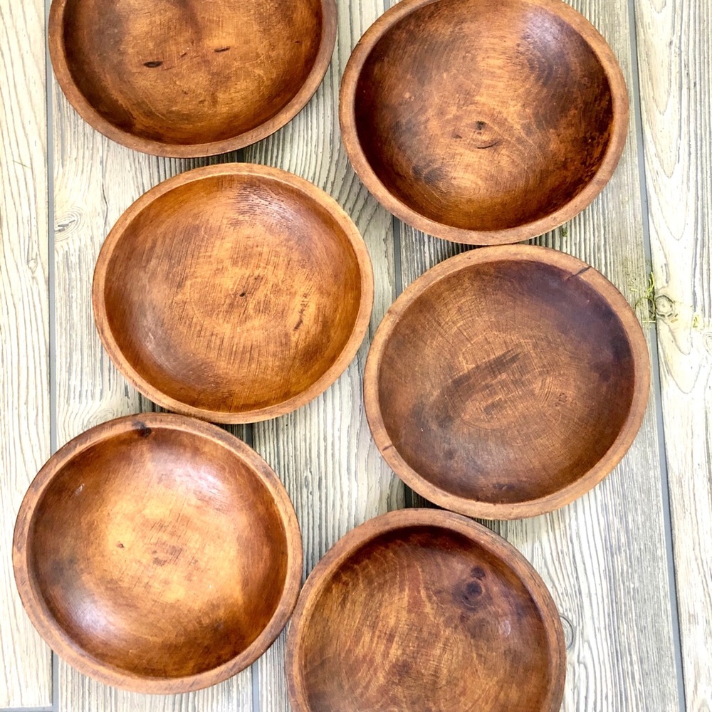 Set of 6 Shallow Wood Bowls